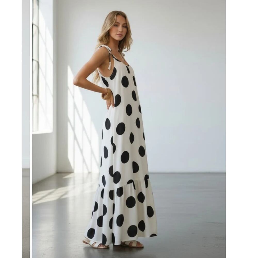 Oddi Polka White Black Dot Tassel Tie-Strap NWT Tiered Maxi Dress Large - Picture 13 of 13